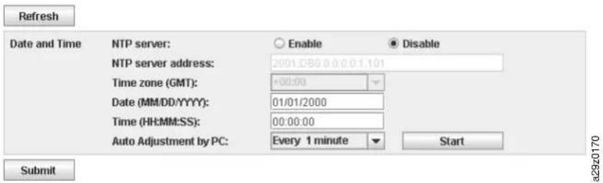 Refresh Date and Time NTP server: Enable Disable NTP server address: 2001:DB0.0.0.0.1.101 Time zone (GMT): +00:00 Date (MM/DD/YYYY): 01/01/2000 Time (HH:MM:SS): 00:00:00 Auto Adjustment by PC: Every 1 minute Start Submit