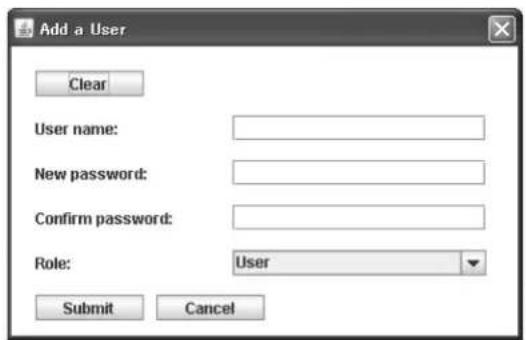 Add a User Clear User name: New password: Confirm password: Role: User Submit Cancel