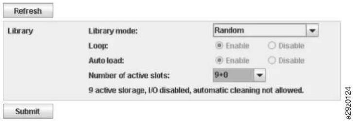 Refresh Library Library mode: Random Loop: Enable Disable Auto load: Enable Disable Number of active slots: 9+0 9 active storage, I/O disabled, automatic cleaning not allowed. Submit