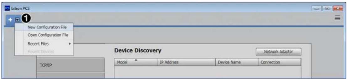 Extron PCS New Configuration File Open Configuration File Recent Files Recent Devices Device Discovery Network Adapter TCP/IP Model IP Address Device Name Connection