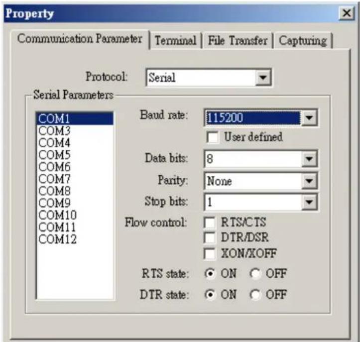 Property Communication Parameter | Terminal | File Transfer | Capturing | Protocol: Serial Serial Parameters COM1 COM3 COM4 COM5 COM6 COM7 COM8 COM9 COM10 COM11 COM12 Baud rate: 115200 User defined Data bits: 8 Parity: None Stop bits: 1 Flow control: RTS/CTS DTR/DSR XON/XOFF RTS state: ON OFF DTR state: ON OFF