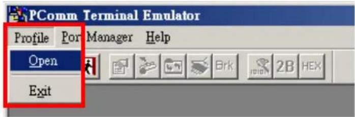 PComm Terminal Emulator Profile Port Manager Help Open Exit