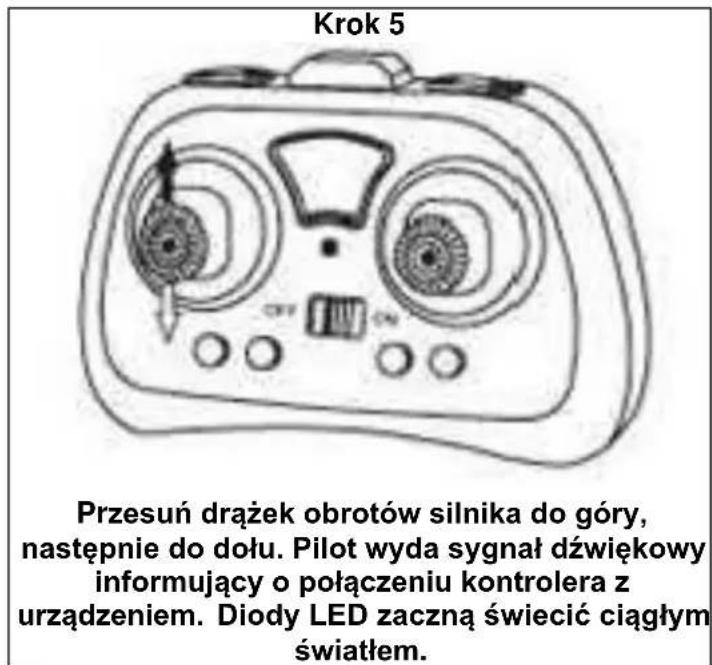 Krok 5 Przesuń drążek obrotów silnika do góry, następnie do dołu. Pilot wyda sygnał dźwiękowy informujący o połączeniu kontrolera z urządzeniem. Diody LED zaczną świecić ciągłym światłem.
