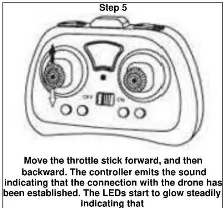 Step 5 Move the throttle stick forward, and then backward. The controller emits the sound indicating that the connection with the drone has been established. The LEDs start to glow steadily indicating that