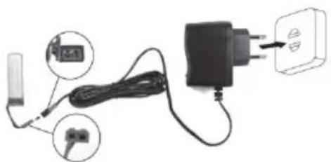 Diagram showing connections of a device with cable, plug-in, and power outlet to a charging plug