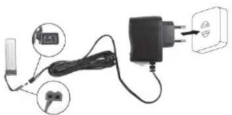 Diagram showing cable connection to a charger with labeled components and a power outlet
