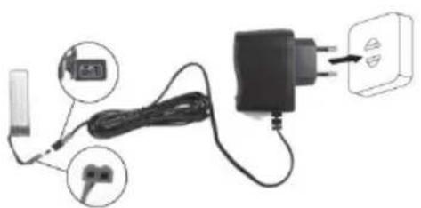 Diagram showing cable connection to a charger with labeled components and a power outlet