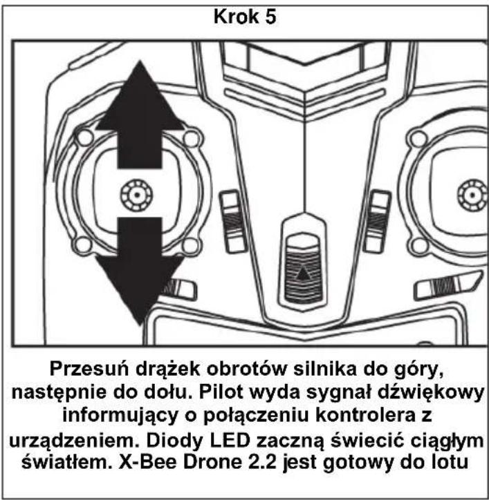Krok 5 Przesuń drążek obrotów silnika do góry, następnie do dołu. Pilot wyda sygnał dźwiękowy informujący o połączeniu kontrolera z urządzeniem. Diody LED zaczną świecić ciągłym światłem. X-Bee Drone 2.2 jest gotowy do lotu