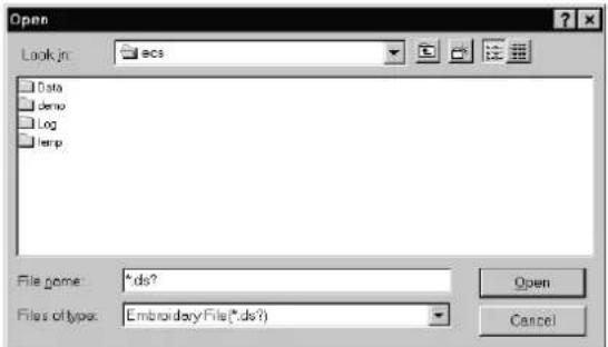 Open Look in: scs Data demo Log interp File gone: *ds? Files of type: Embroidary File(*ds?) Open Cancel