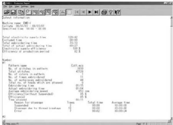DINH + Production Report File Edit View Insert Tools Output information Machine name: EMB-I Collate 06/31/01 - 08/31/01 Specified time 00:00 - 01:00 Total electricity samples 120:42 Excluded time 00:00 Total embroidering time 73:13 Total of actual embroidering time 69:27 Electricity supply efficiency 100 % Efficiency of production period 82 % Number #1 Pattern name Cott.acs No. of stitches in pattern 38:00 Total stitches 47:24 No. of colors in pattern No. of times embroidered 11 No. of workplaces embroidered 44 Total no. of heads which are stored 0 Embroidering time 01:15 Actual embroidering time 01:04 Average embroidering speed 65.7 rpm Efficiency(without Sustended) 65 % Efficiency2 65 % Time stained 09:11 Reason for storage Times Total time Average time Suspended 2 00:00 00:00:18 Overuse due to thread breakage 16 00:00 00:00:40 Error 7 00:02 00:00:24 #2 if For help, you first? Page 11.2