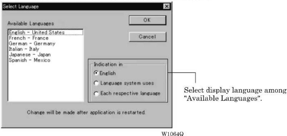 Select Language Available Languages English - United States French - France German - Germany Italian - Italy Japanese - Japan Spanish - Mexico OK Cancel Indication in ● English ○ Language system uses ○ Each respective language Change will be made after application is restarted. W1064Q Select display language among "Available Languages".