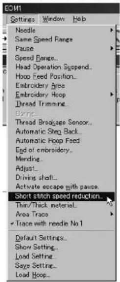 EOM1 Settings Window Hob Needle Same Speed Range Pause Speed Range... Head Operation Suspend... Hoop Feed Position... Embroidery Area Embroidery Hoop Thread Trimmage... Bore... Thread Breakage Sensor... Automatic Step Back... Automatic Hoop Feed End of embroidery... Mending... Adjust... Driving shaft... Activate escape with pause. Short stitch speed reduction... Thin/Thick material Area Trace Trace with needle No.1 Default Settings... Show Setting... Load Setting... Says Setting... Load Hoop...