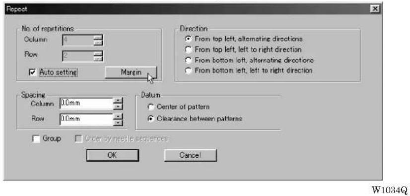 Repeat No. of repetitions Column 1 Row 2 ✓ Auto setting Margin Direction ● From top left, alternating directions ○ From top left, left to right direction ○ From bottom left, alternating directions ○ From bottom left, left to right direction Spacing Column 0.0mm Row 0.0mm Datum ○ Center of pattern ● Clearance between patterns Group □ Order by needle sequences OK Cancel W1034Q