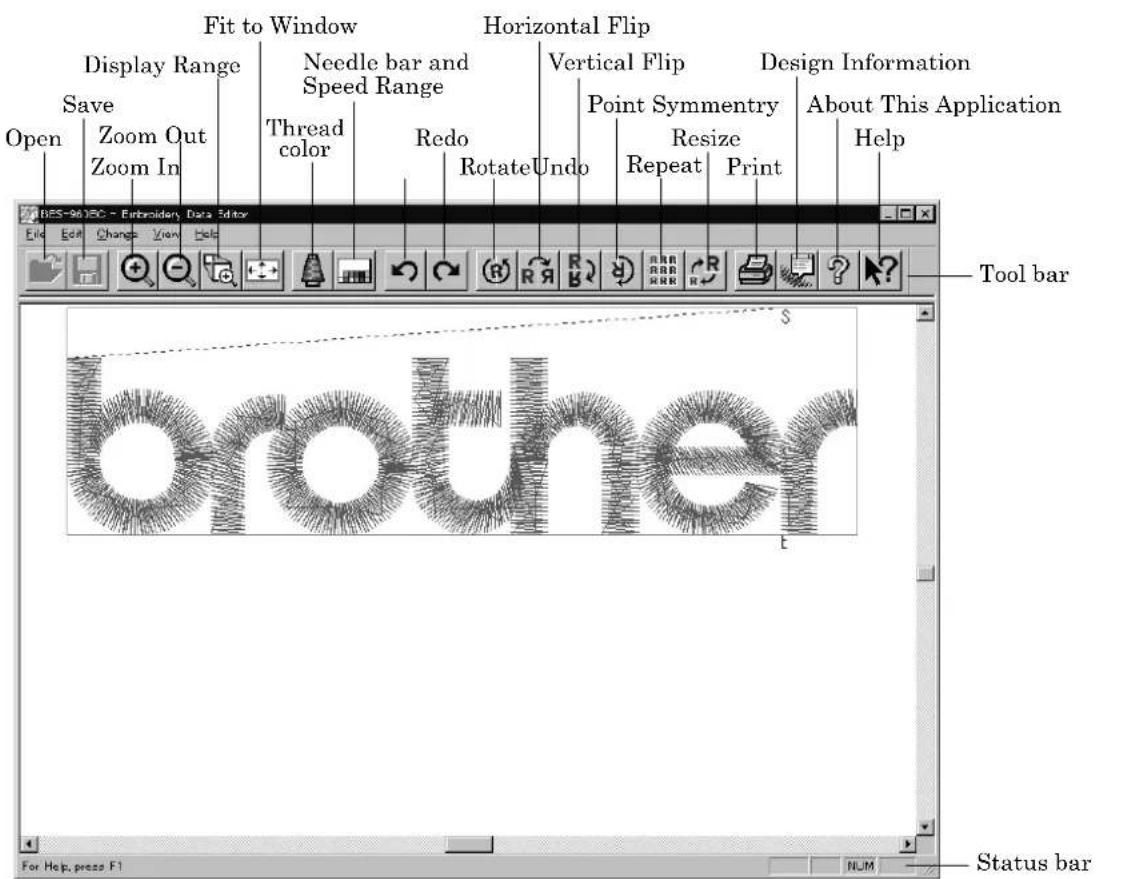 Fit to Window Display Range Save Open Zoom Out Zoom In Needle bar and Speed Range Thread color Redo Rotate Undo Horizontal Flip Vertical Flip Point Symmetry Reset Print Design Information About This Application Help Tool bar other Status bar For Help, press F1 NLM
