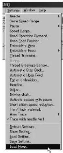 MI Settings Window Help Needle Same Speed Range Pause Speed Range... Head Operation Suspend... Hoop Eed Position... Embroidery Area Embroidery Hoop Thread Trimming JONE... Thread Breakage Sensor... Automatic Stag Back... Automatic Hoop Feed End of embroidery... Mendline... Adjust... Driving shaft... Activate escape with pause Short stitch speed reduction... Thin/Thick material... Area Trace Trace with needle No.1 Default Settings... Show Setting... Load Setting... Save Setting... Load Hoop...