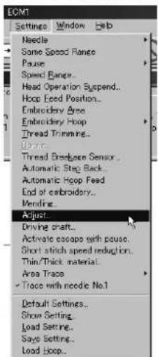 ECM Settings Window Help Needle Some Speed Range Pause Speed Range... Head Operation Suspend... Hopp Eeed Position... Embroidery Head Embroidery Hopp Thread Trimming... Drive... Thread Bredgore Sensor... Automatic Step Back Automatic Hopp Feed End of embroidery... Mendring... Adjust... Driving shaft... Activate escape with pause. Short staff speed reduction. Thin/Thick material... Area Trace Trace with needle No.1 Default Settings... Show Setting... Load Setting... Says Setting... Load Hopp.