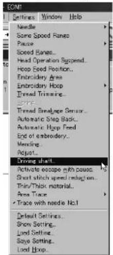 ECMT Settings Window Help Needle Same Speed Range Pause Speed Range... Head Operation Suspend... Hoop Good Position... Embroidery Area Embroidery Hop Thread Trimine... SETTLE Thread Breakage Sensor... Automatic Step Back... Automatic Hopp Feed End of embroidery... Mending Adjust... Driving shaft... Activate escape with pause. Short stitch speed reduction... Thin/Thick material... Area Trace Trace with needle No.1 Default Settings... Show Setting... Load Setting... Says Setting... Load Hop.