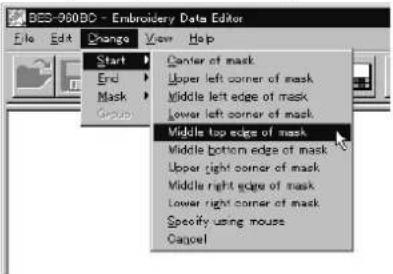 BES-960DD - Embroidery Data Editor File Edit Change View Help Start End Mask Goose Center of mask Upper left corner of mask Middle left edge of mask Lower left corner of mask Middle top edge of mask Middle bottom edge of mask Upper right corner of mask Middle right edge of mask Lower right corner of mask Specify using mouse Cancel