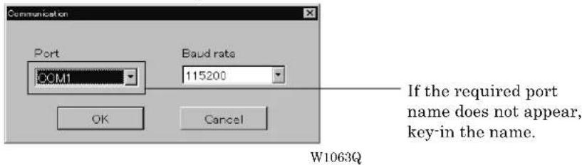 Communication Port COM1 Baud rate 115200 If the required port name does not appear, key-in the name. OK Cancel W1063Q
