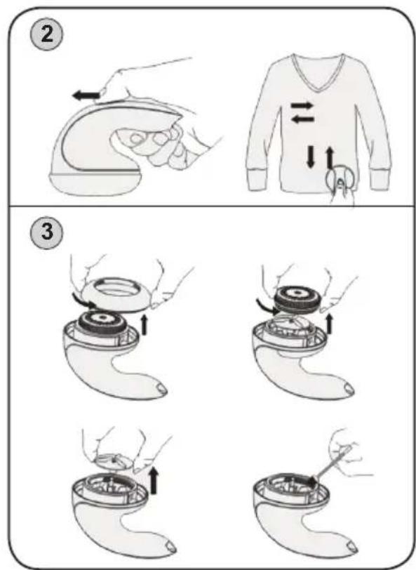 Illustrated sequence showing three steps of clothing turnover: pressing, lifting, and cutting a button.