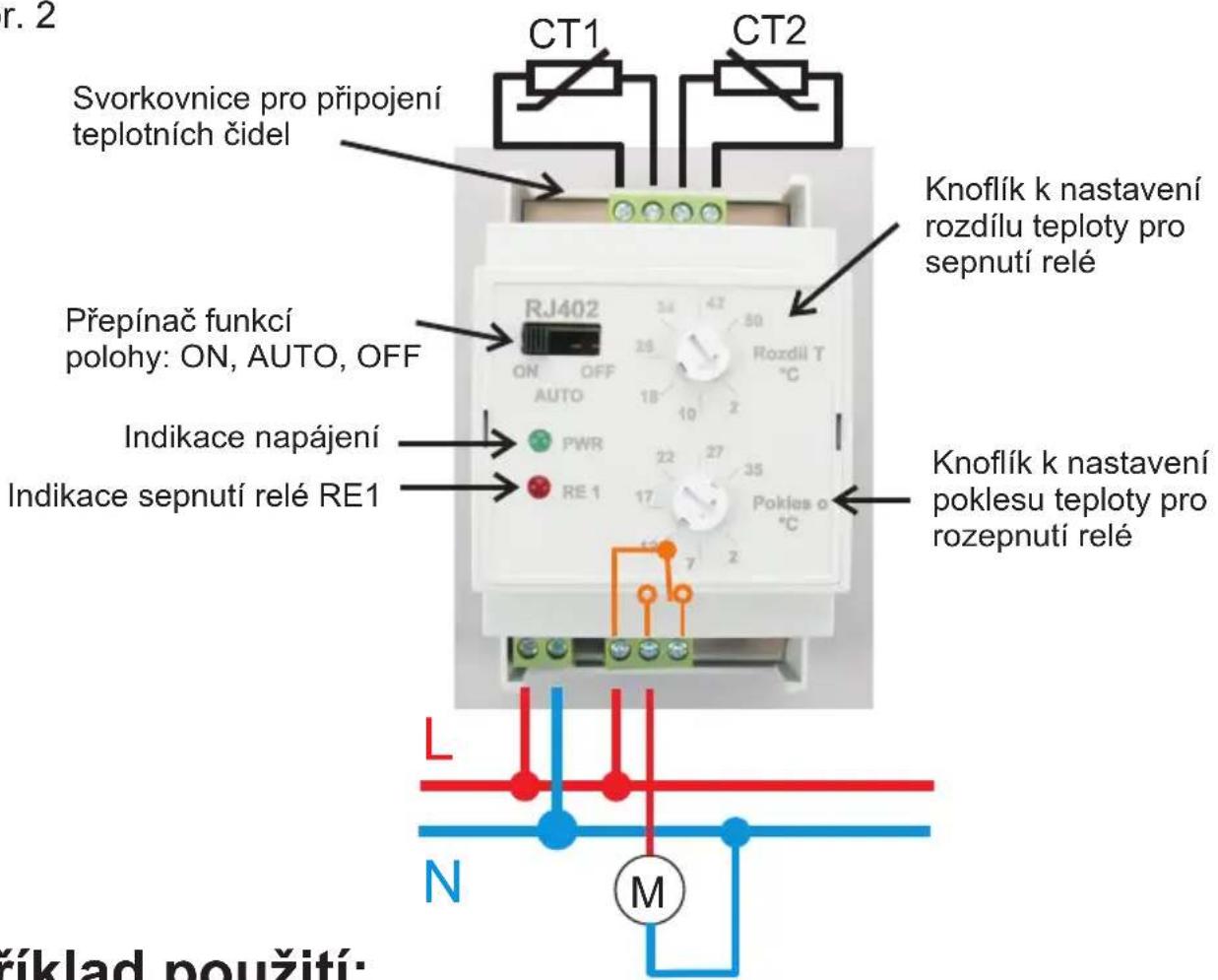 r. 2 CT1 CT2 Svorkovnice pro pripojení teplotních Čidel Přepínač funkci polohy: ON, AUTO, OFF RJ402 ON OFF AUTO Indikace napájení Indikace sepnutí relé RE1 Knoflík k nastavení rozdílu teploty pro sepnutí relé PWR RE 1 28 34 42 50 Rozdíl T °C 28 18 10 2 22 27 35 Pokles o °C 2 7 2 Knoflík k nastavení poklesu teploty pro rozepnutí relé L N M říklad použití: