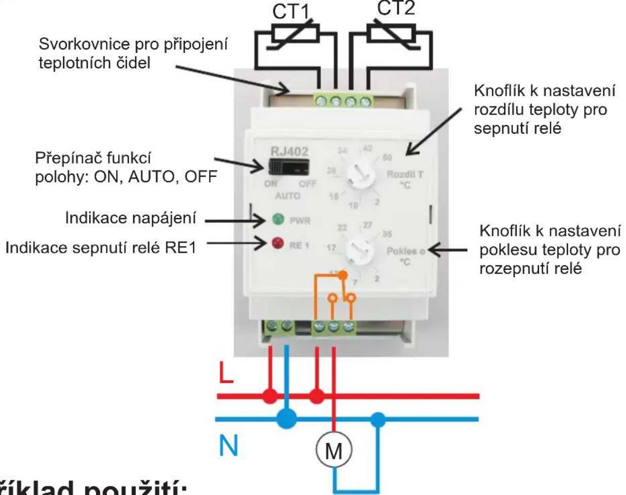 Svorkovnice pro připojení teplotních čidel Přepínač funkcí polohy: ON, AUTO, OFF Indikace napájení Indikace sepnutí relé RE1 CT1 CT2 RJ402 ON OFF AUTO PWR RE 1 34 42 50 Rozdíl T °C 28 18 10 2 27 35 17 2 2 Pokles o °C Knoflík k nastavení rozdílu teploty pro sepnutí relé Knoflík k nastavení poklesu teploty pro rozepnutí relé L N M říklad použití: