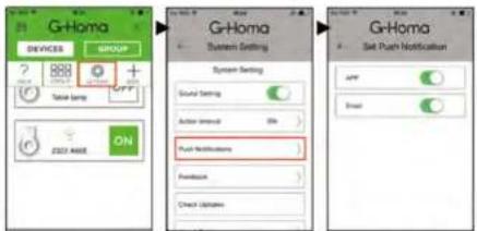 G-Homa DEVICES GROUP + - Table lamp OFF ON 2023 ABB G-Homa System Setting System Setting Ground Setting Action Interval Site Puls Notifications Password Check Updates G-Homa Set Push Notification APP Send