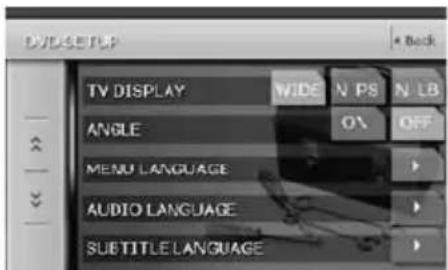 DVD SETUP TV DISPLAY WIDE N PS N LB ANGLE O\ OFF MENU LANGUAGE AUDIO LANGUAGE SUBTITLE LANGUAGE