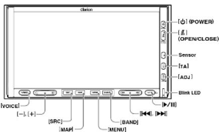 clavon [6] (POWER) [4] (OPEN/CLOSE) Sensor [TA] [ADJ] Blink LED VOICE [-], (+] [SRC] [MAP] [BAND] [MENU]