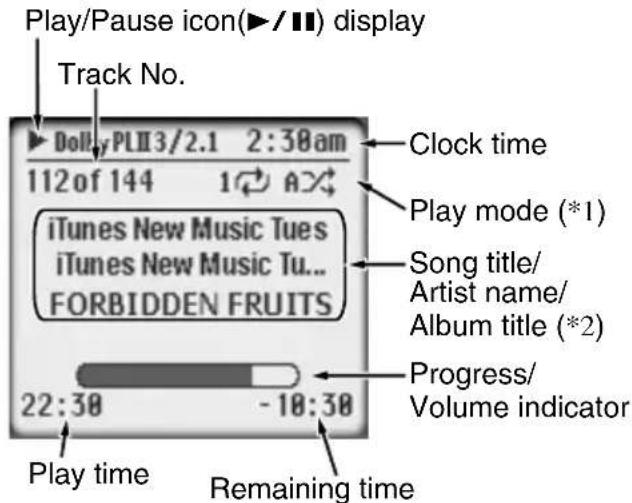 Play/Pause icon(►/■) display Track No. Dolly PLII 3/2.1 2:30 am 112 of 144 1 A iTunes New Music Tues iTunes New Music Tu... FORBIDDEN FRUITS Clock time Play mode (*1) Song title/ Artist name/ Album title (*2) Progress/ Volume indicator 22:30 -10:30 Play time Remaining time