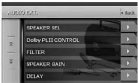 AUDIO EXT. SPEAKER SEL Dolby PLII CONTROL FILTER SPEAKER GAIN DELAY Back