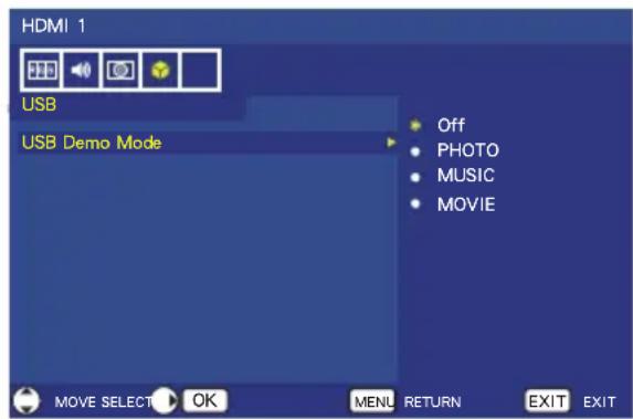 HDMI 1 USB USB Demo Mode Off PHOTO MUSIC MOVIE MOVE SELECT OK MENU RETURN EXIT EXIT