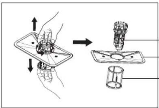 Diagram illustrating a mechanical assembly process with labeled parts and directional arrows indicating movement.