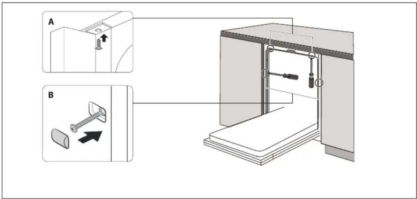 Technical diagram showing two mechanical assembly steps (A and B) with labeled components and directional arrows indicating movement.