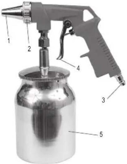 Labeled diagram of a spray gun with numbered parts for identification