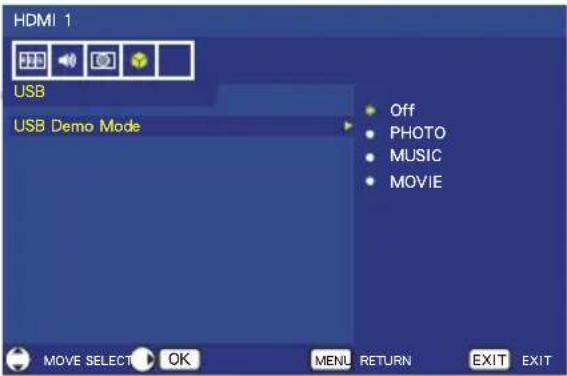 HDMI 1 USB USB Demo Mode Off PHOTO MUSIC MOVIE MOVE SELECT OK MENU RETURN EXIT EXIT