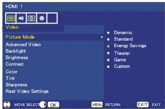 HDMI 1 Video Picture Mode Advanced Video Backlight Brightness Contrast Color Tint Sharpness Rest Video Settings Dynamic Standard Energy Savings Theater Game Custom MOVE SELECT OK MENL RETURN EXIT EXIT