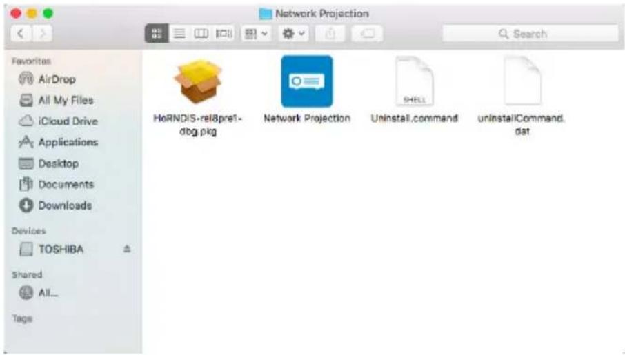 Network Projection Favorites AirDrop All My Files iCloud Drive Applications Desktop Documents Downloads Devices TOSHIBA Shared All_ Tags HoRNDIS-rel8pref- dbg.pkg Network Projection Uninstall.command uninstallCommand. dat
