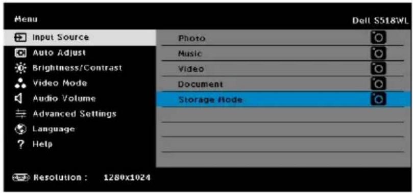 Menu Input Source Photo Auto Adjust Music Brightness/Contrast Video Document Audio Volume Storage Mode Advanced Settings Language ? Help Resolution: 1280x1024 Dell S518WL