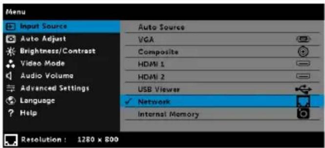 Menu Input Source Auto Source Auto Adjust VGA Brightness/Contrast Composite Video Mode HDMI 1 Audio Volume HDMI 2 Advanced Settings USB Viewer Language ✓ Network Help Internal Memory Resolution: 1280 x 800