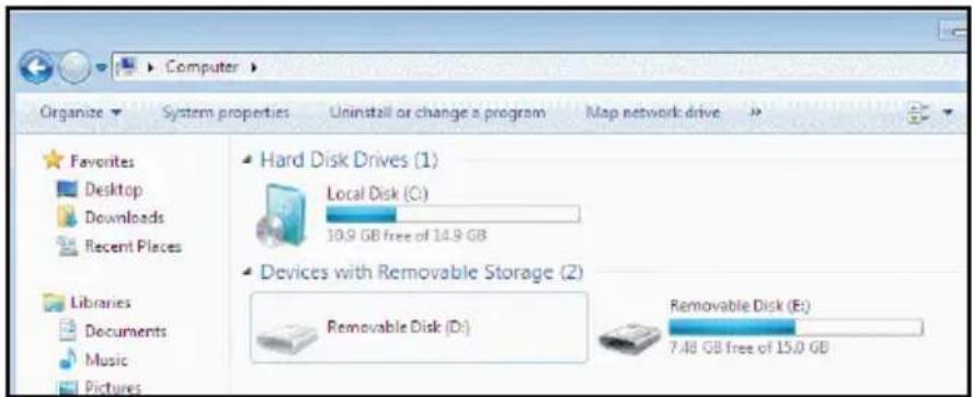 Computer Organize System properties Uninstall or change a program Map network drive Favorites Desktop Downloads Recent Places Libraries Documents Music Pictures Hard Disk Drives (1) Local Disk (C:) 10.9 GB free of 14.9 GB Devices with Removable Storage (2) Removable Disk (D:) 7.48 GB free of 15.0 GB