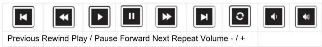 Previous Rewind Play / Pause Forward Next Repeat Volume - / +
