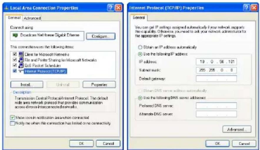 Local Area Connection Properties General Advanced Connect using Broadcom NetChrome Digabit Ethernet Configure... This connection uses the following items: Client for Microsoft Networks File and Printer Sharing for Microsoft Networks GoS Packet Schedules Internal Protocol (TCP/IP) Install... Uninstall Properties Description Transmission Control Protocol/Internet Protocol. The default risks area network protocol that provides communication across diverse interconnected networks. Show icon in notification area when connected Notify me when this connection has limited or no connectivity Internet Protocol (TCP/IP) Properties General You can get IP settings assigned automatically if your network supports the capability. Otherwise, you need to ask your network administration for the appropriate IP settings. Obtain an IP address automatically Use the following IP address: IP address: 10 . 0 . 50 . 101 Submit mask: 225 . 255 . 0 . 0 Default gateway: Obtain DNS server address automatically Use the following DNS server addresses: Preferred DNS server: Alternate DNS server: Advanced... OK Cancel OK Cancel
