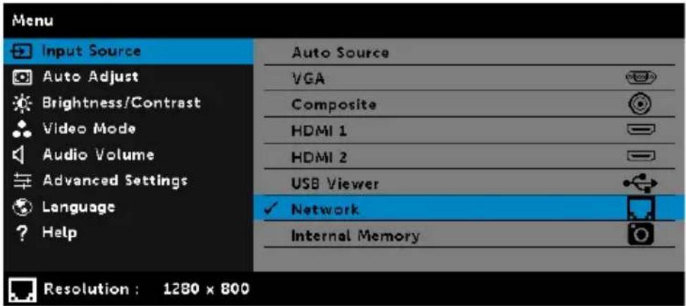 Menu Input Source Auto Source VGA Composite HDMI 1 HDMI 2 USB Viewer ✓ Network Internal Memory Resolution : 1280 x 800