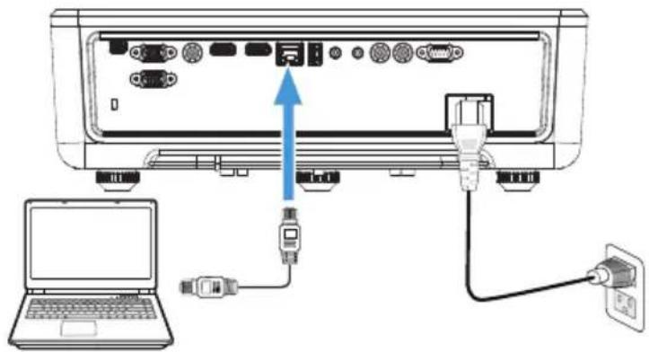 Diagram showing connection between a laptop and an electronic device with labeled ports and cables, including a blue arrow indicating the cable's direction.