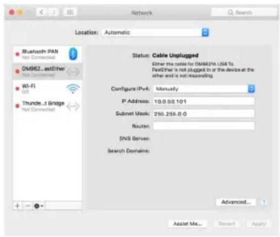 Location: Automatic Status: Cable Unplugged Either the cable for DM9637A USB To. FastEither is not plugged in or the device at the other and is not responding. Configure IPv: Manusly IP Address: 10.0.00.101 Subnet Mask: 250.256.0.0 Router: DNS Server: Search Domains: Advanced... Assist Me... Reset Apply