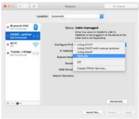 Location: Automatic Status: Cable Unplugged Other the cable for DMH6FIA USB To FastEther is not plugged in or the device at the other and is not responding. Configure IPv1 - Using DHCP IP Address - Using DHCP with manual address Subnet Mask - Manually Router - QIF DNS Server - Create PPPoE Service... Search Domaine: Advanced... Assist Me... Reset Apply