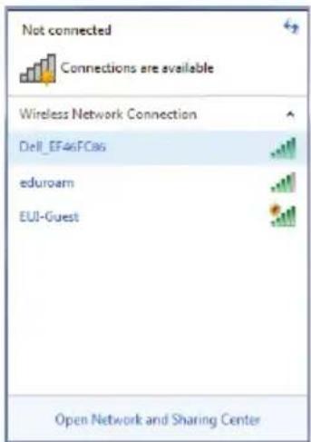 Not connected Connections are available Wireless Network Connection Dell_EF46FCas eduroam EUI-Guest Open Network and Sharing Center