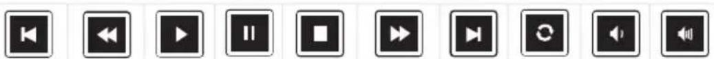 Row of black square icons with white play, pause, pause, pause control, refresh, audio, and speaker buttons