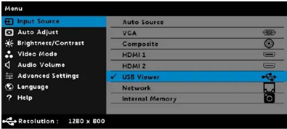Menu Input Source Auto Source Auto Adjust VGA Brightness/Contrast Composite Video Mode HDMI 1 Audio Volume HDMI 2 Advanced Settings ✓ USB Viewer Language Network Help Internal Memory Resolution: 1280 x 800